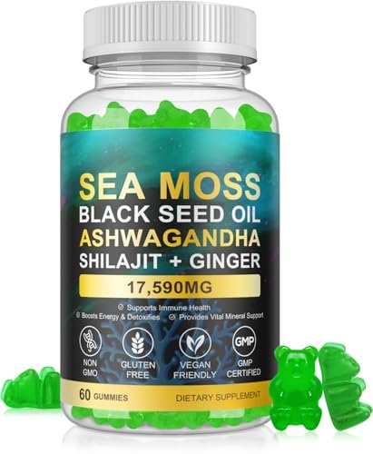 Vceeoy Sea Moss Gummies – Meeresalgummi mit Schwarzkümmelöl, Ashwagandha, Shilajit & Ingwer für Männer & Frauen, 60 Gummis