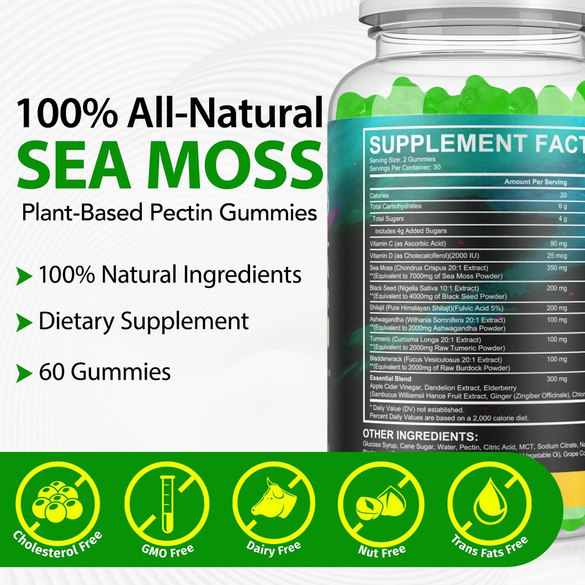 Vceeoy Sea Moss Gummies – Meeresalgummi mit Schwarzkümmelöl, Ashwagandha, Shilajit & Ingwer für Männer & Frauen, 60 Gummis