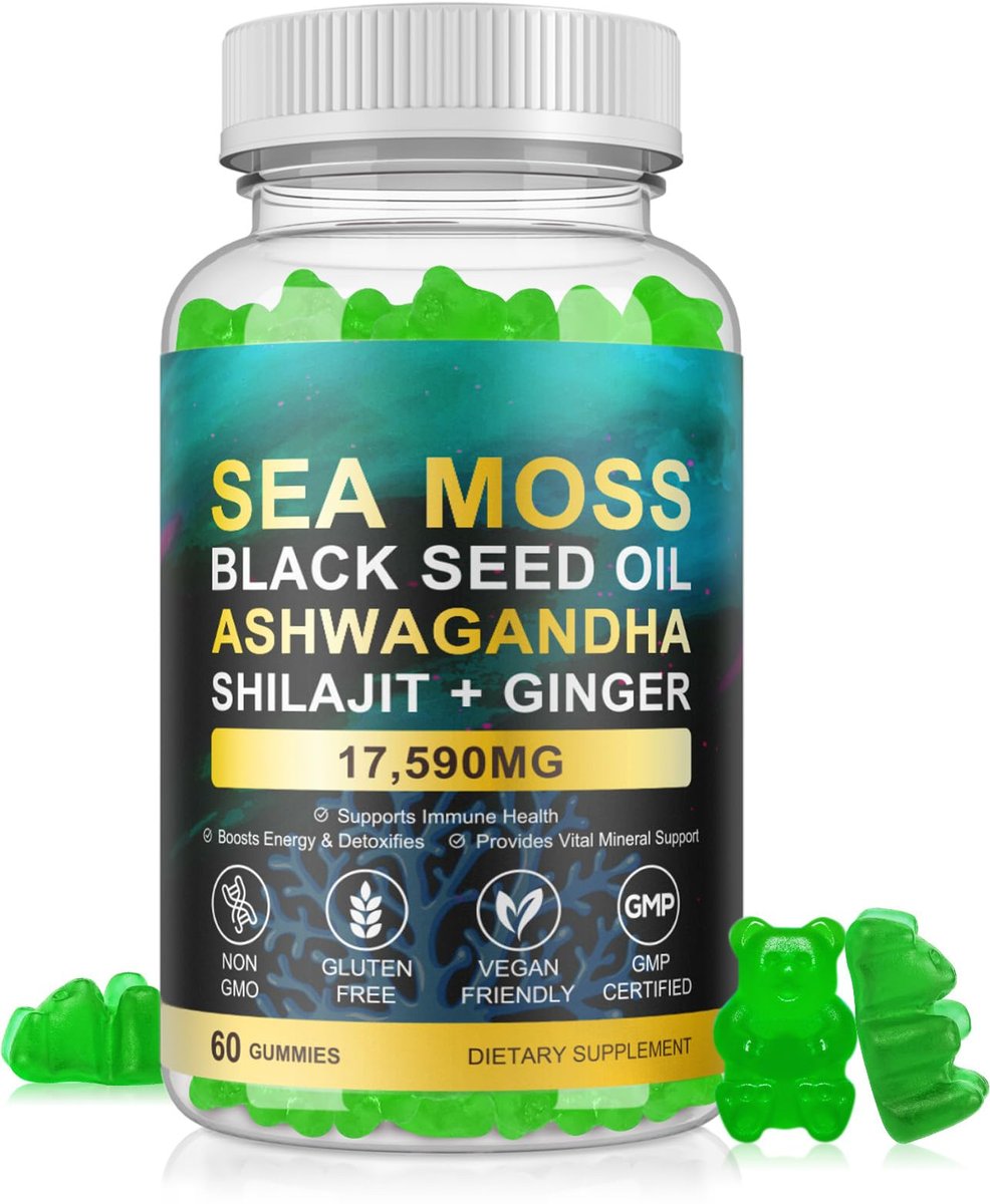 Vceeoy Sea Moss Gummies – Meeresalgummi mit Schwarzkümmelöl, Ashwagandha, Shilajit & Ingwer für Männer & Frauen, 60 Gummis