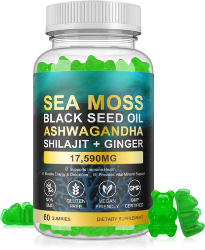 Vceeoy Sea Moss Gummies – Meeresalgummi mit Schwarzkümmelöl, Ashwagandha, Shilajit & Ingwer für Männer & Frauen, 60 Gummis
