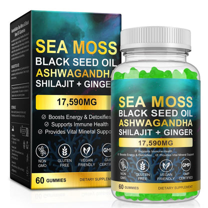 Vceeoy Sea Moss Gummies – Meeresalgummi mit Schwarzkümmelöl, Ashwagandha, Shilajit & Ingwer für Männer & Frauen, 60 Gummis