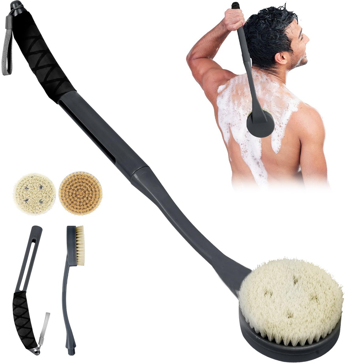 Rückenbürste für die Dusche, 20,5" Anti-Rutsch langer Griff, Badebürste mit abnehmbaren Köpfen (steife & weiche Borsten), Peeling-Bürste für Frauen, Männer, Senioren