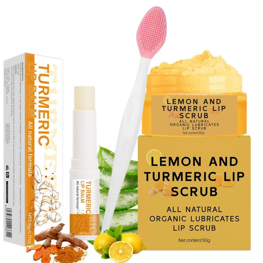 3-teiliges Kurkuma-Zitronen-Lippenpeeling & Kurkuma-Lippenbalsam-Set mit Bürste – Natürliche Pflege für trockene, rissige und dunkle Lippen