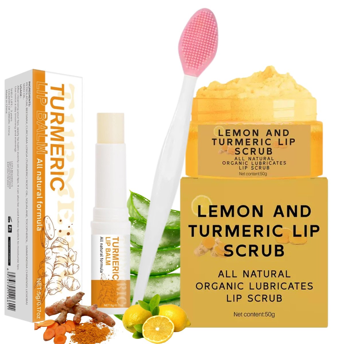 3-teiliges Kurkuma-Zitronen-Lippenpeeling & Kurkuma-Lippenbalsam-Set mit Bürste – Natürliche Pflege für trockene, rissige und dunkle Lippen