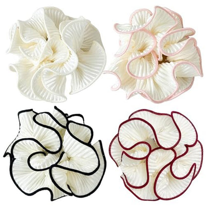 Qigfucm 4er-Pack Übergroße Puffy Scrunchies, 12 cm Doppellagige Rüschen, Weiß mit Farbigem Rand, Extra Große Haargummis für Dutt und Pferdeschwanz für Voluminösen Look
