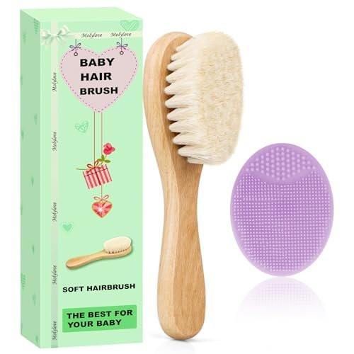 Molylove Baby Haarbürste und Purple Cradle Cap Bürsten Set für Neugeborene und Kleinkinder, Holz Baby Haarbürsten Set mit weichen Ziegenhaarborsten, Baby Haarpflegeset 2 Stück
