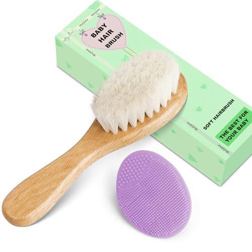 Molylove Baby Haarbürste und Purple Cradle Cap Bürsten Set für Neugeborene und Kleinkinder, Holz Baby Haarbürsten Set mit weichen Ziegenhaarborsten, Baby Haarpflegeset 2 Stück