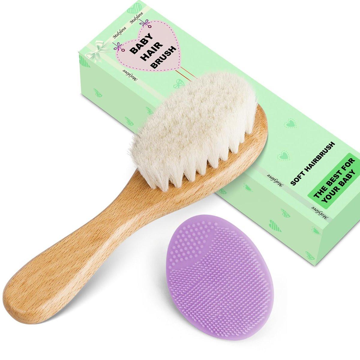 Molylove Baby Haarbürste und Purple Cradle Cap Bürsten Set für Neugeborene und Kleinkinder, Holz Baby Haarbürsten Set mit weichen Ziegenhaarborsten, Baby Haarpflegeset 2 Stück