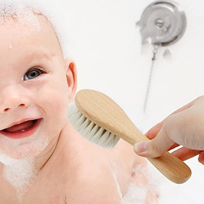 Molylove 3-teiliges Babyhaarbürsten-Set mit Holzgriff und Kamm für Neugeborene & Kleinkinder | Natürliche weiche Ziegenhaarborsten | Holzkamm | Rosa Silikonbürste | Ideal gegen Milchschorf
