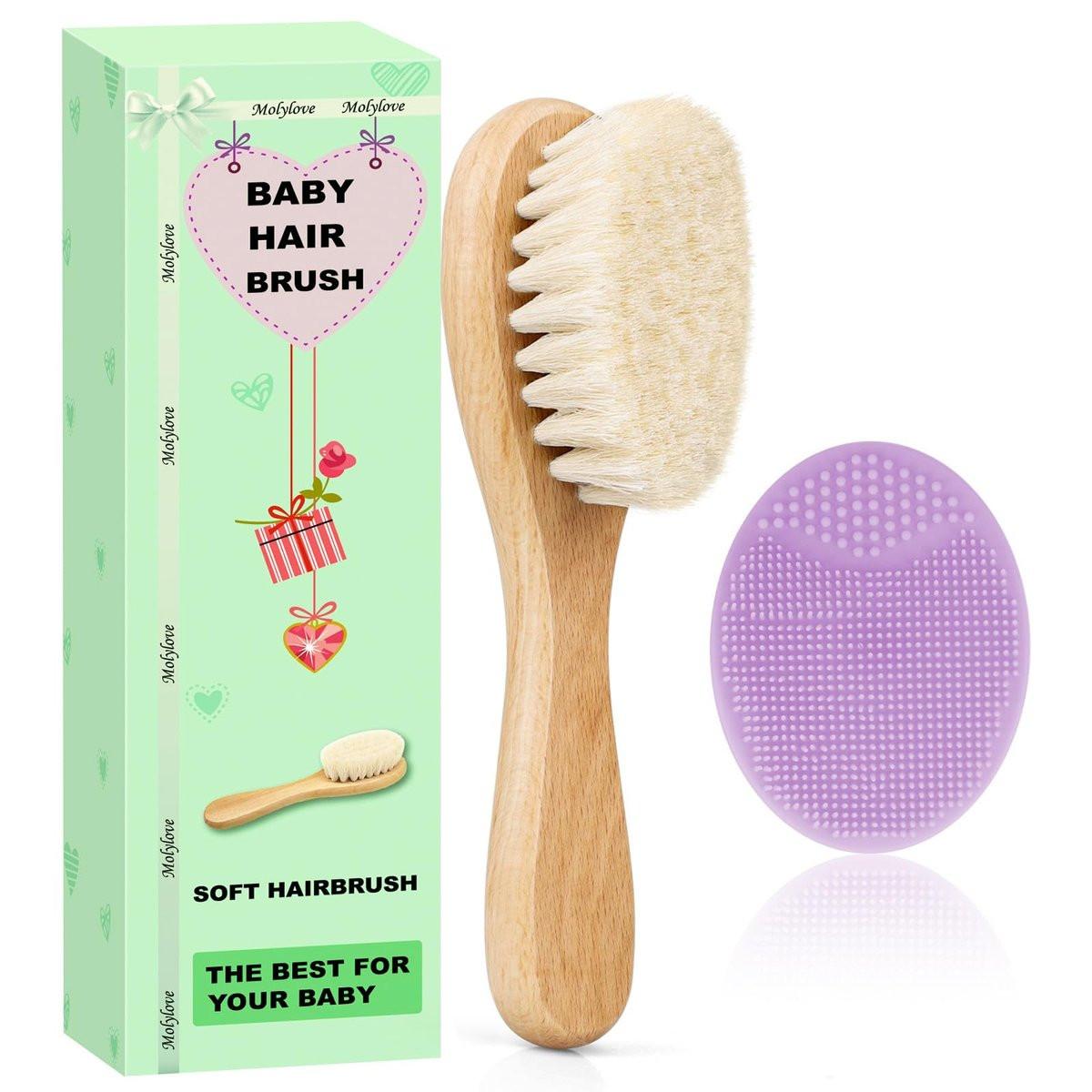 Molylove Baby Haarbürste und Purple Cradle Cap Bürsten Set für Neugeborene und Kleinkinder, Holz Baby Haarbürsten Set mit weichen Ziegenhaarborsten, Baby Haarpflegeset 2 Stück