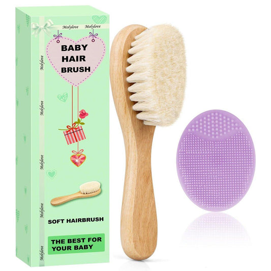 Molylove Baby Haarbürste und Purple Cradle Cap Bürsten Set für Neugeborene und Kleinkinder, Holz Baby Haarbürsten Set mit weichen Ziegenhaarborsten, Baby Haarpflegeset 2 Stück
