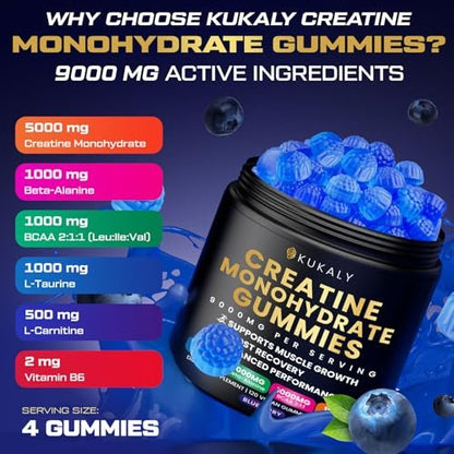 ZyterX Creatin-Monohydrat-Gummis für Männer & Frauen, 9000 mg, zuckerfrei mit L-Taurin, BCAA 2:1, B12, B6 – Kraft, Fokus & Ausdauer – vegan, ohne Gentechnik, Blaubeere, 120 Stück