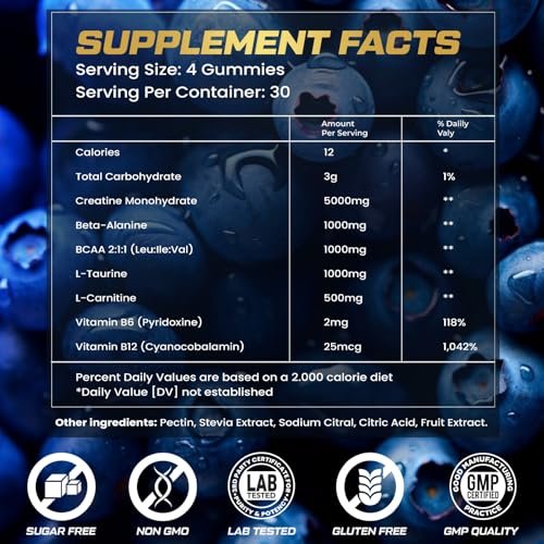 ZyterX Creatin-Monohydrat-Gummis für Männer & Frauen, 9000 mg, zuckerfrei mit L-Taurin, BCAA 2:1, B12, B6 – Kraft, Fokus & Ausdauer – vegan, ohne Gentechnik, Blaubeere, 120 Stück