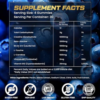 ZyterX Creatin-Monohydrat-Gummis für Männer & Frauen, 9000 mg, zuckerfrei mit L-Taurin, BCAA 2:1, B12, B6 – Kraft, Fokus & Ausdauer – vegan, ohne Gentechnik, Blaubeere, 120 Stück