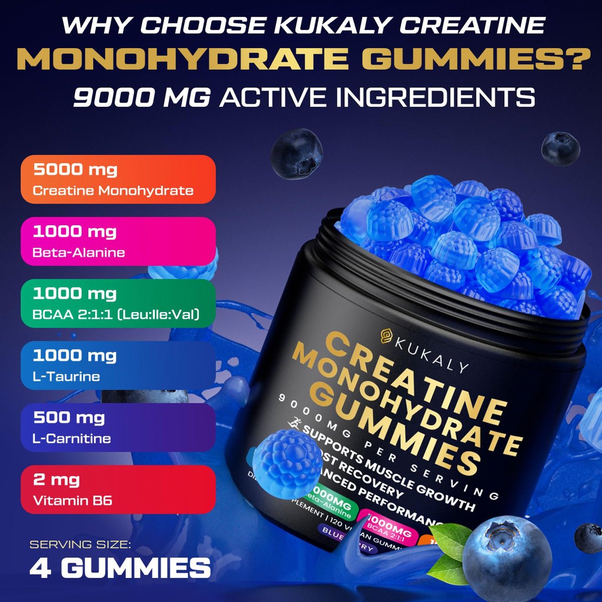ZyterX Creatin-Monohydrat-Gummis für Männer & Frauen, 9000 mg, zuckerfrei mit L-Taurin, BCAA 2:1, B12, B6 – Kraft, Fokus & Ausdauer – vegan, ohne Gentechnik, Blaubeere, 120 Stück