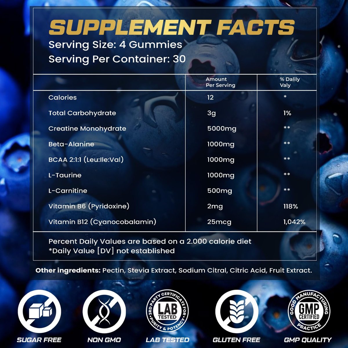 ZyterX Creatin-Monohydrat-Gummis für Männer & Frauen, 9000 mg, zuckerfrei mit L-Taurin, BCAA 2:1, B12, B6 – Kraft, Fokus & Ausdauer – vegan, ohne Gentechnik, Blaubeere, 120 Stück