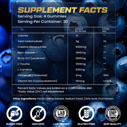 ZyterX Creatin-Monohydrat-Gummis für Männer & Frauen, 9000 mg, zuckerfrei mit L-Taurin, BCAA 2:1, B12, B6 – Kraft, Fokus & Ausdauer – vegan, ohne Gentechnik, Blaubeere, 120 Stück