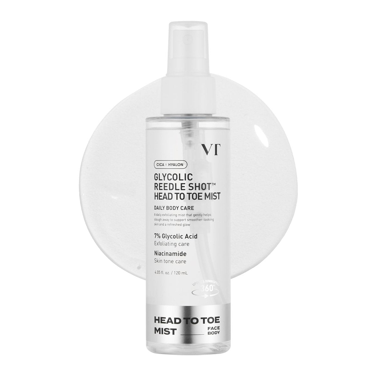 VT COSMETICS 7% Glykolische Säure Reedle Shot Kopf-bis-Fuß-Mist mit Niacinamid, Peeling-Spray für unebene & Erdbeerhaut, dunkle Flecken, Hauttextur, Keratosis Pilaris, Koreanische Hautpflege (120 ml)