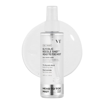 VT COSMETICS 7% Glykolische Säure Reedle Shot Kopf-bis-Fuß-Mist mit Niacinamid, Peeling-Spray für unebene & Erdbeerhaut, dunkle Flecken, Hauttextur, Keratosis Pilaris, Koreanische Hautpflege (120 ml)