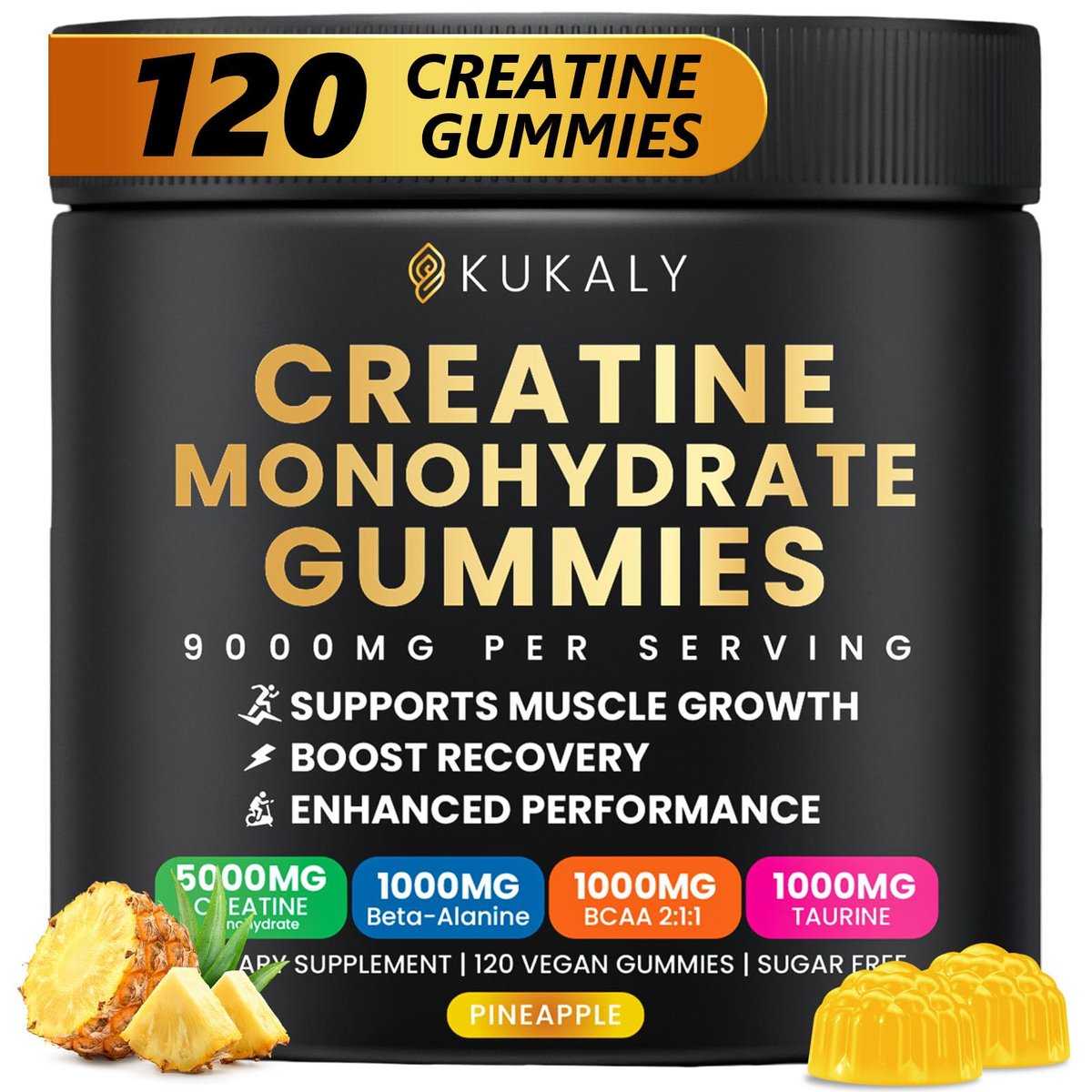 ZyterX Creatin-Monohydrat Gummies für Männer & Frauen, 9000MG Creatin Gummies Zuckerfrei mit L-Taurin, BCAA 2:1, B12 B6 für Kraft, Fokus & Ausdauer, Vegan, Non-GMO, Ananas 120 Stück
