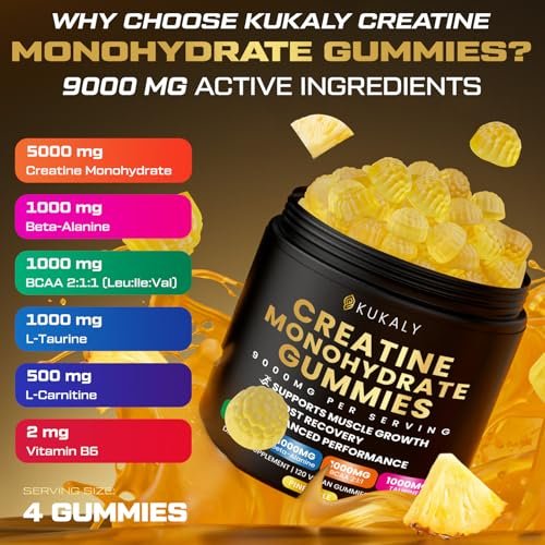 ZyterX Creatin-Monohydrat Gummies für Männer & Frauen, 9000MG Creatin Gummies Zuckerfrei mit L-Taurin, BCAA 2:1, B12 B6 für Kraft, Fokus & Ausdauer, Vegan, Non-GMO, Ananas 120 Stück