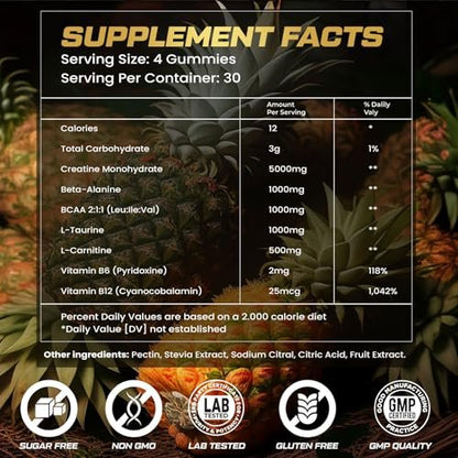 ZyterX Creatin-Monohydrat Gummies für Männer & Frauen, 9000MG Creatin Gummies Zuckerfrei mit L-Taurin, BCAA 2:1, B12 B6 für Kraft, Fokus & Ausdauer, Vegan, Non-GMO, Ananas 120 Stück