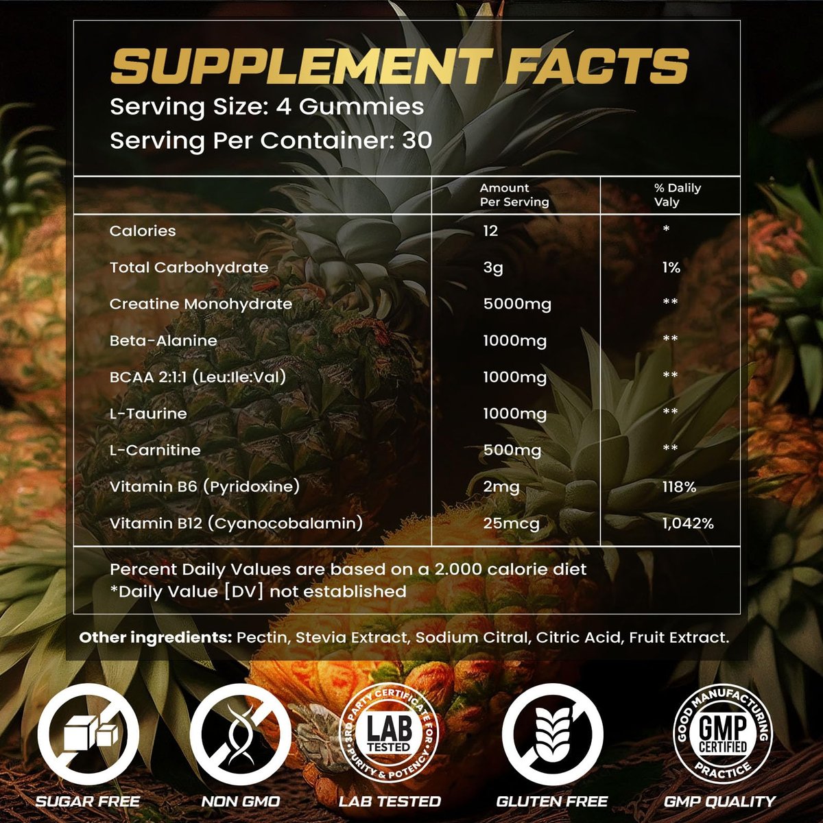 ZyterX Creatin-Monohydrat Gummies für Männer & Frauen, 9000MG Creatin Gummies Zuckerfrei mit L-Taurin, BCAA 2:1, B12 B6 für Kraft, Fokus & Ausdauer, Vegan, Non-GMO, Ananas 120 Stück