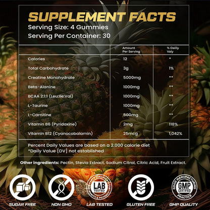 ZyterX Creatin-Monohydrat Gummies für Männer & Frauen, 9000MG Creatin Gummies Zuckerfrei mit L-Taurin, BCAA 2:1, B12 B6 für Kraft, Fokus & Ausdauer, Vegan, Non-GMO, Ananas 120 Stück