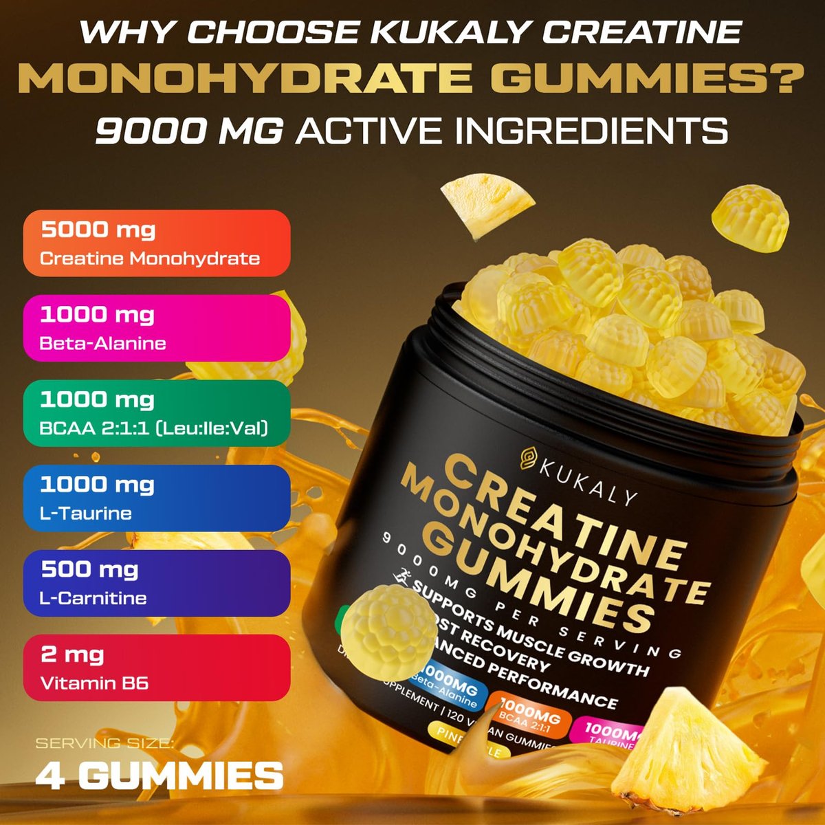 ZyterX Creatin-Monohydrat Gummies für Männer & Frauen, 9000MG Creatin Gummies Zuckerfrei mit L-Taurin, BCAA 2:1, B12 B6 für Kraft, Fokus & Ausdauer, Vegan, Non-GMO, Ananas 120 Stück