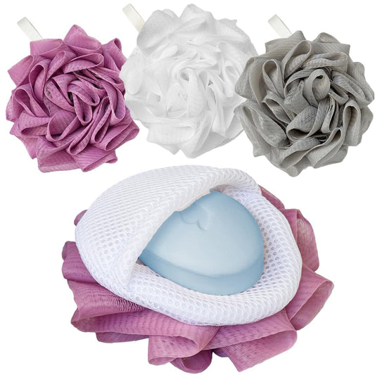 3er-Pack Bade-Luffa mit Seifenbeuteln, Dual-Use Peeling-Badeschwämme Seifenspender für Damen & Herren, sanfter Körperpeeling (Weiß, Grau, Lila)