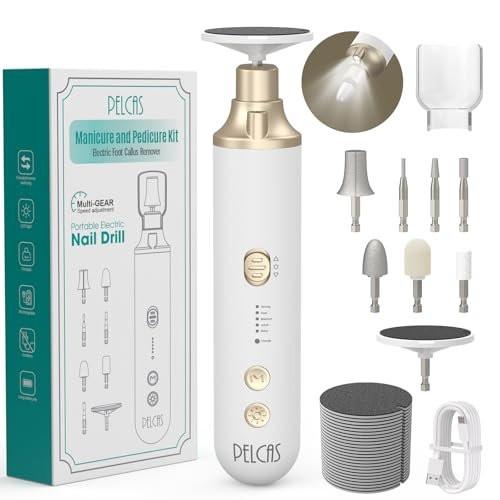 PELCAS 8-in-1 Kabelloser Nagelbohrer, Elektrische Nagelfeile mit 5 Geschwindigkeiten, Maniküre & Pediküre Set mit LED-Licht, Elektrischer Hornhautentferner für Fußschwielen, Zehennägel, dicke Nägel, Fingernägel, Gold