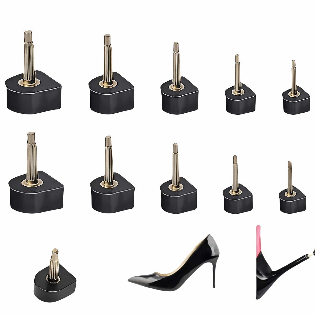 RyanDesign 10 Paar High Heel Spitzen-Ersatz - U/Cap-Stil, 2,4 mm & 3 mm Metallkern, 5 Größen (8-12 mm) | Langlebige, rutschfeste Absatzkappen für Damenschuhe | Leise, schnelle DIY-Installation (Schwarz)