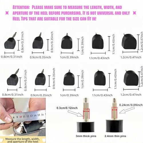 RyanDesign 10 Paar High Heel Spitzen-Ersatz - U/Cap-Stil, 2,4 mm & 3 mm Metallkern, 5 Größen (8-12 mm) | Langlebige, rutschfeste Absatzkappen für Damenschuhe | Leise, schnelle DIY-Installation (Schwarz)
