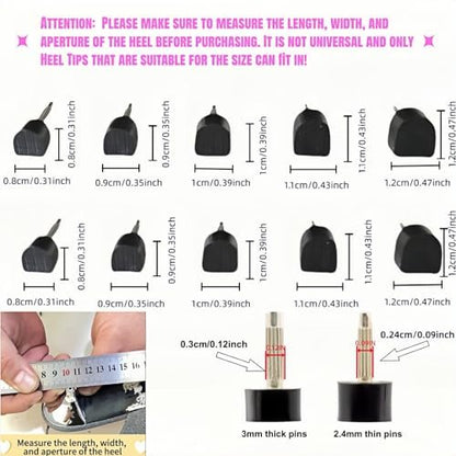 RyanDesign 10 Paar High Heel Spitzen-Ersatz - U/Cap-Stil, 2,4 mm & 3 mm Metallkern, 5 Größen (8-12 mm) | Langlebige, rutschfeste Absatzkappen für Damenschuhe | Leise, schnelle DIY-Installation (Schwarz)