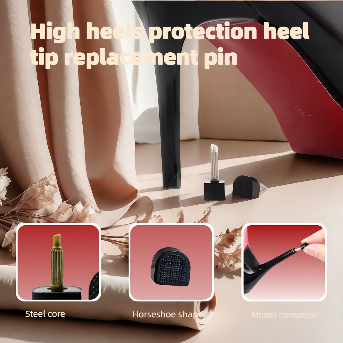 RyanDesign 10 Paar High Heel Spitzen-Ersatz - U/Cap-Stil, 2,4 mm & 3 mm Metallkern, 5 Größen (8-12 mm) | Langlebige, rutschfeste Absatzkappen für Damenschuhe | Leise, schnelle DIY-Installation (Schwarz)