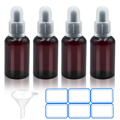 AskBed 4er-Pack 2 Unzen (50 ml) Bernsteinfarbene Plastik-Dosierflaschen mit Trichter und Etiketten für Flüssigkeitsaufbewahrung