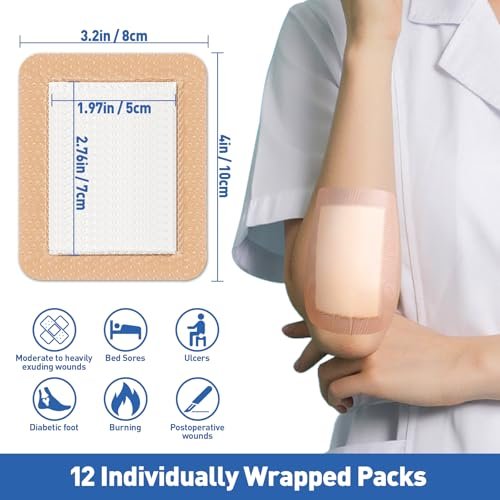 AZEN 12er-Pack Silikon-Schaumstoff-Wundauflage, 3,2" x 4" – Wasserdichte Silikonpflaster mit Kleberand, große selbstklebende Wundversorgung