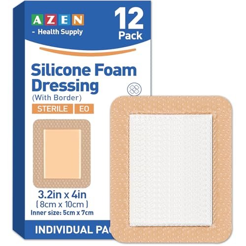 AZEN 12er-Pack Silikon-Schaumstoff-Wundauflage, 3,2" x 4" – Wasserdichte Silikonpflaster mit Kleberand, große selbstklebende Wundversorgung