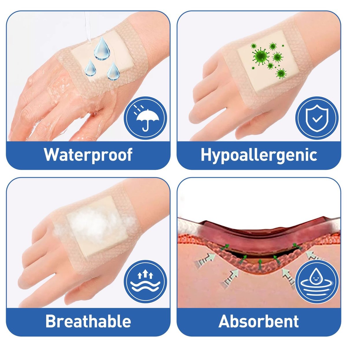 AZEN 12er-Pack Silikon-Schaumstoff-Wundauflage, 3,2" x 4" – Wasserdichte Silikonpflaster mit Kleberand, große selbstklebende Wundversorgung