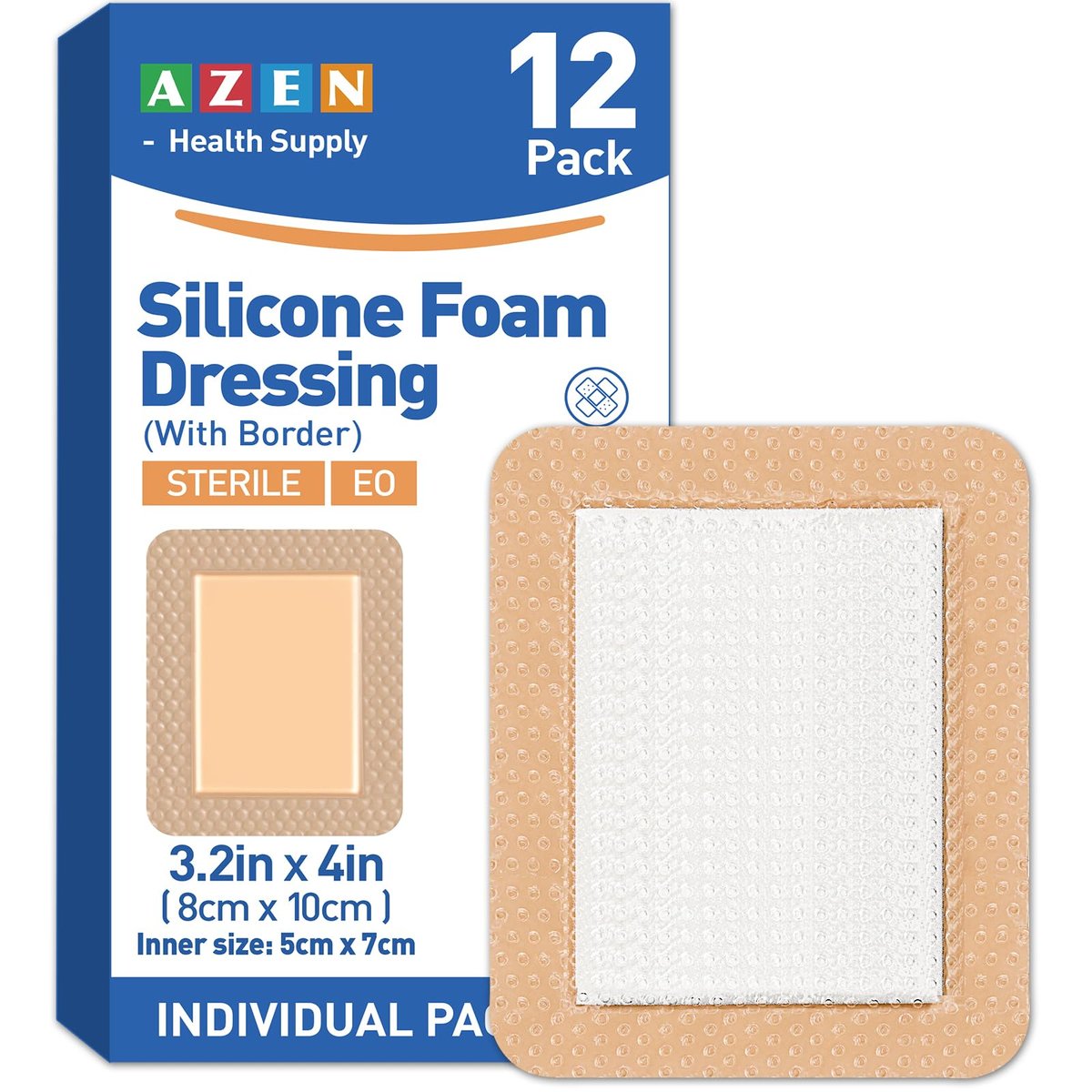 AZEN 12er-Pack Silikon-Schaumstoff-Wundauflage, 3,2" x 4" – Wasserdichte Silikonpflaster mit Kleberand, große selbstklebende Wundversorgung