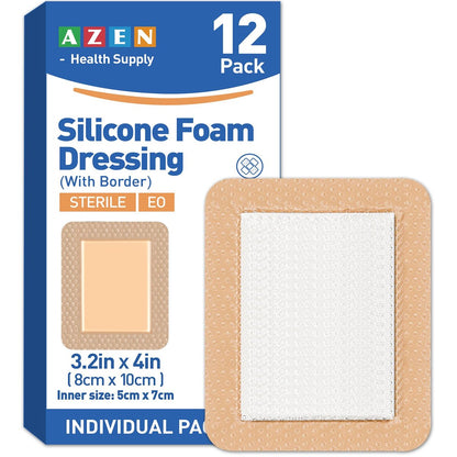 AZEN 12er-Pack Silikon-Schaumstoff-Wundauflage, 3,2" x 4" – Wasserdichte Silikonpflaster mit Kleberand, große selbstklebende Wundversorgung