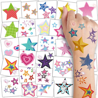 CHARLENT Glitzersterne Temporäre Tattoos für Kinder - 74 Einzelblätter | Wasserfest & Leicht Abziehbar | Perfekt für Kindergeburtstagsfeiern, Schulbelohnungen