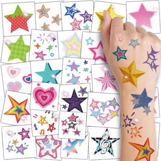 CHARLENT Glitzersterne Temporäre Tattoos für Kinder - 74 Einzelblätter | Wasserfest & Leicht Abziehbar | Perfekt für Kindergeburtstagsfeiern, Schulbelohnungen