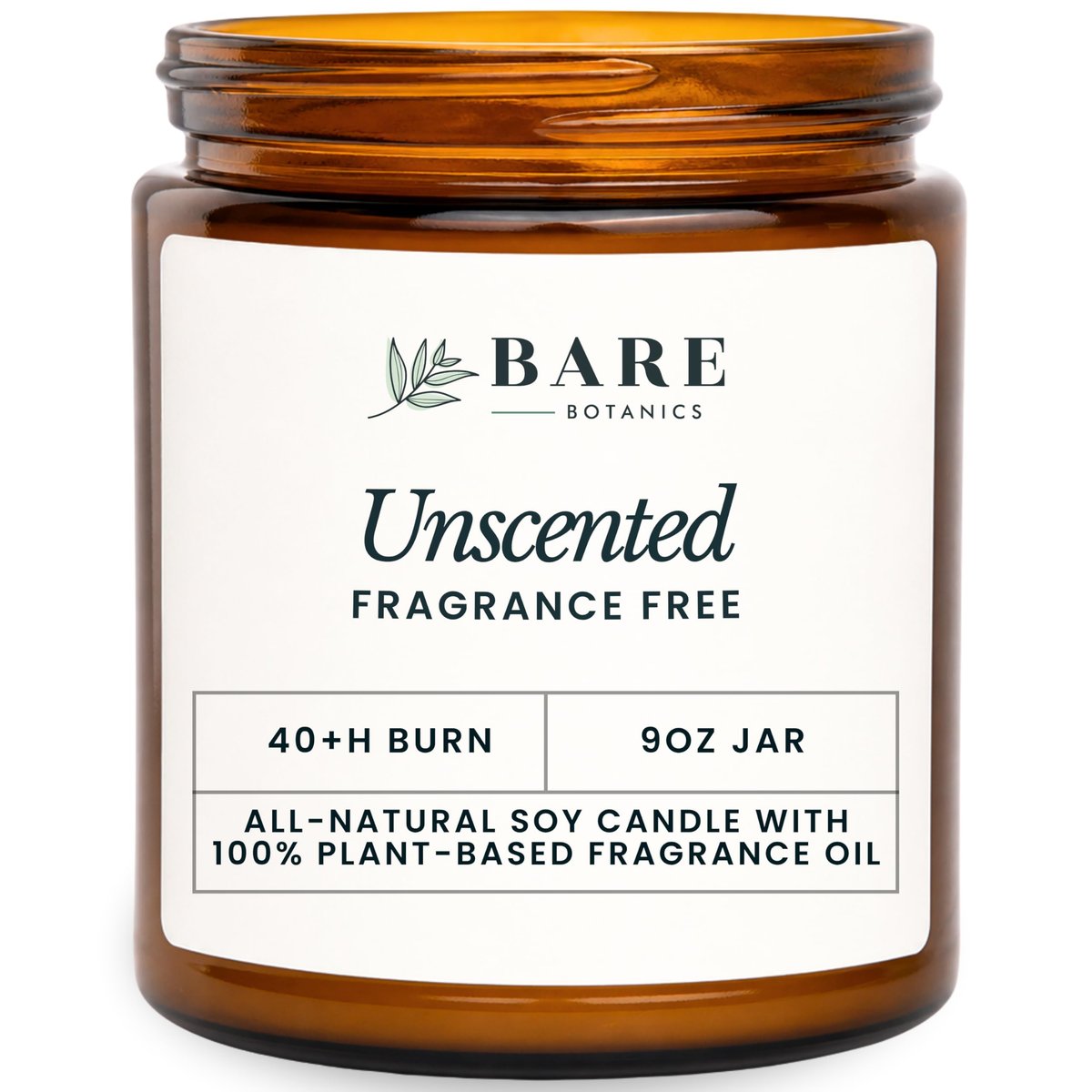 Bare Botanics Ungiftete 9oz Sojawachs-Kerze ohne Duft – 100% pflanzliche Duftöle – Handgegossen in WI – 40+ Stunden Brenndauer