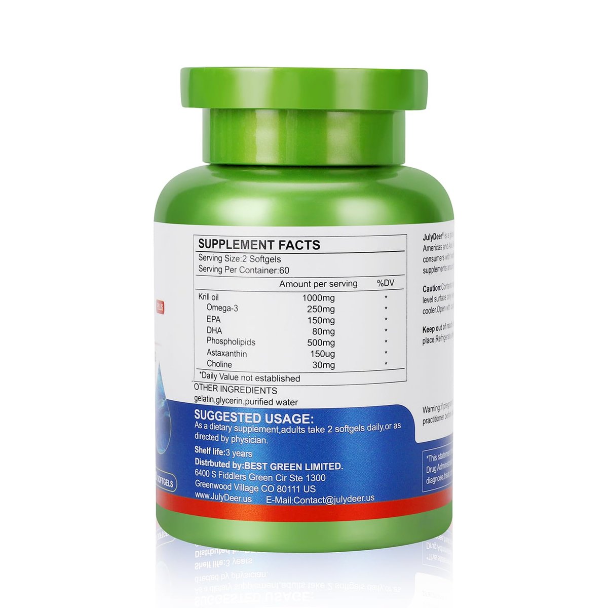 JulyDeer Krillöl 1000 mg mit Omega-3 EPA, DHA, Astaxanthin und Phospholipiden – 120 Softgel-Kapseln – Antarktisches Krillöl ohne fischigen Nachgeschmack – für Gelenke, Herz, Gehirn und Immunsystem