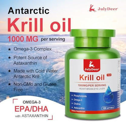 JulyDeer Krillöl 1000 mg mit Omega-3 EPA, DHA, Astaxanthin und Phospholipiden – 120 Softgel-Kapseln – Antarktisches Krillöl ohne fischigen Nachgeschmack – für Gelenke, Herz, Gehirn und Immunsystem