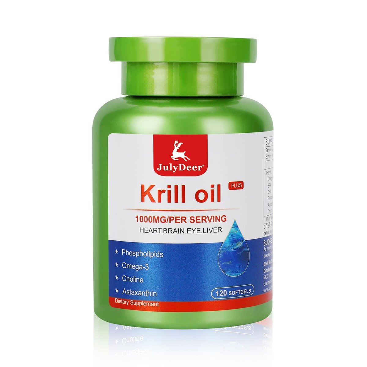 JulyDeer Krillöl 1000 mg mit Omega-3 EPA, DHA, Astaxanthin und Phospholipiden – 120 Softgel-Kapseln – Antarktisches Krillöl ohne fischigen Nachgeschmack – für Gelenke, Herz, Gehirn und Immunsystem