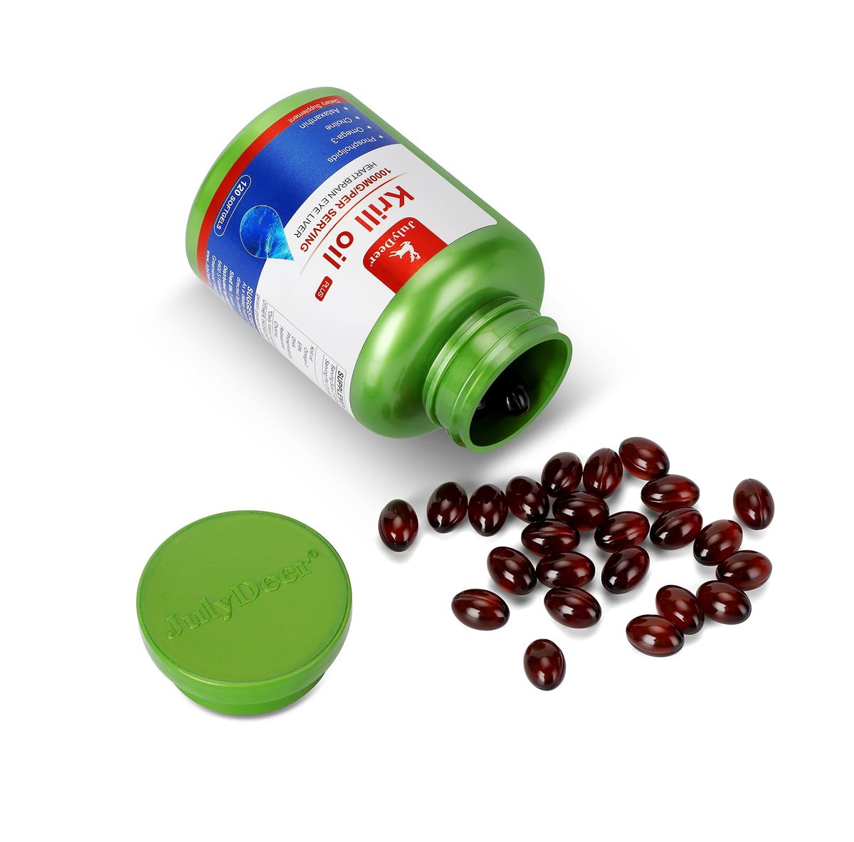 JulyDeer Antarktischer Krillöl 1000 mg mit Omega-3 EPA, DHA, Astaxanthin und Phospholipiden – 60 Softgels, ohne Fischgeschmack, für Gelenke, Herz, Gehirn und Immunsystem