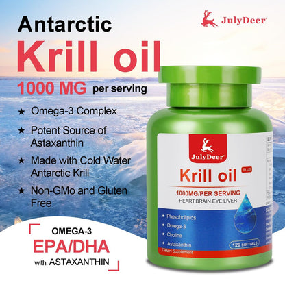 JulyDeer Krillöl 1000 mg mit Omega-3 EPA, DHA, Astaxanthin und Phospholipiden – 120 Softgel-Kapseln – Antarktisches Krillöl ohne fischigen Nachgeschmack – für Gelenke, Herz, Gehirn und Immunsystem