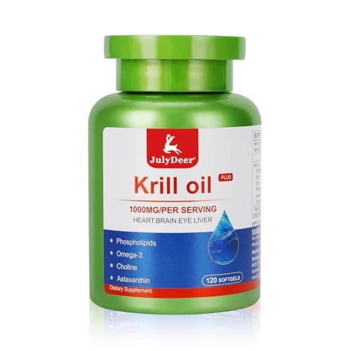 JulyDeer Krillöl 1000 mg mit Omega-3 EPA, DHA, Astaxanthin und Phospholipiden – 120 Softgel-Kapseln – Antarktisches Krillöl ohne fischigen Nachgeschmack – für Gelenke, Herz, Gehirn und Immunsystem